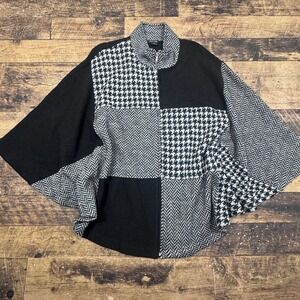 READ Katie Todd Wool Patchwork Poncho Black White Houndstooth Herringbone L XL